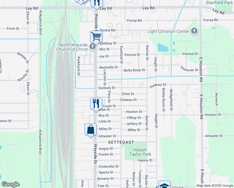 map of restaurants, bars, coffee shops, grocery stores, and more near 7984 Sunbury Street in Houston