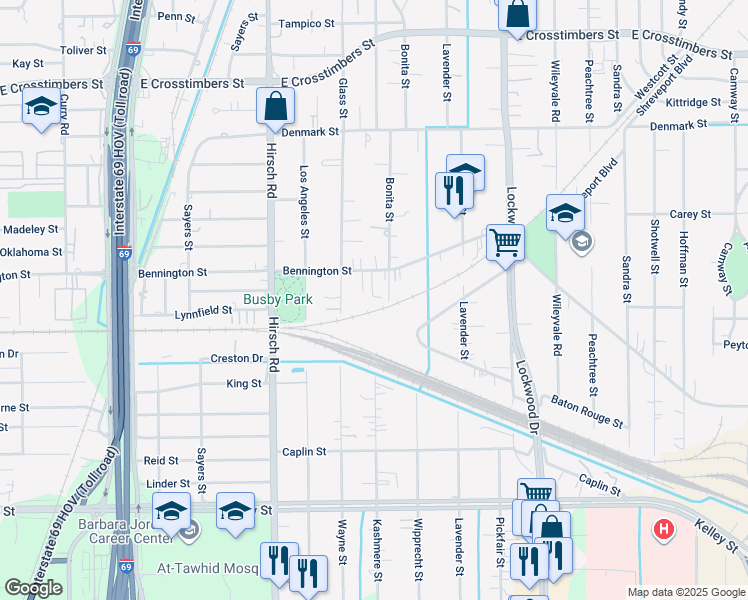 map of restaurants, bars, coffee shops, grocery stores, and more near 4414 Bennington Street in Houston