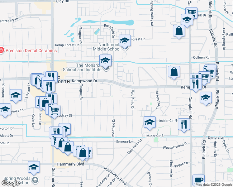 map of restaurants, bars, coffee shops, grocery stores, and more near 9889 Kempwood Drive in Houston