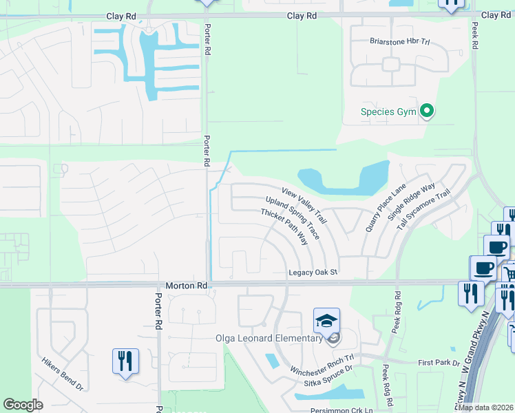 map of restaurants, bars, coffee shops, grocery stores, and more near 3303 Upland Spring Trace in Katy