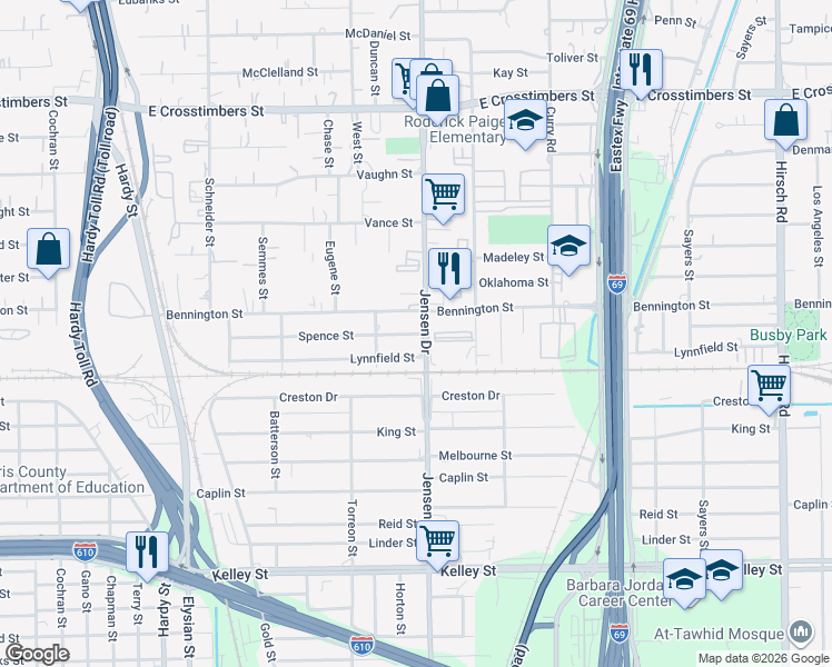 map of restaurants, bars, coffee shops, grocery stores, and more near 6815 Jensen Drive in Houston