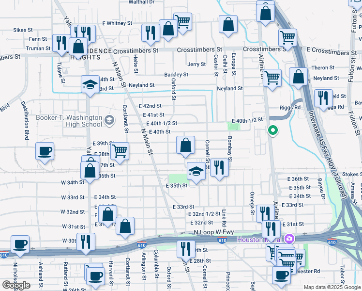 map of restaurants, bars, coffee shops, grocery stores, and more near 3822 Ajax Street in Houston