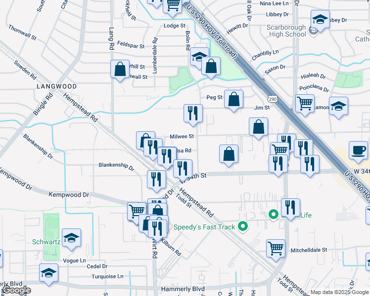 map of restaurants, bars, coffee shops, grocery stores, and more near 6318 Tulsa Road in Houston