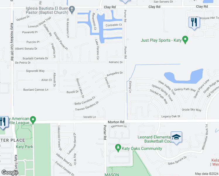 map of restaurants, bars, coffee shops, grocery stores, and more near Taranto Creek Court in Harris County