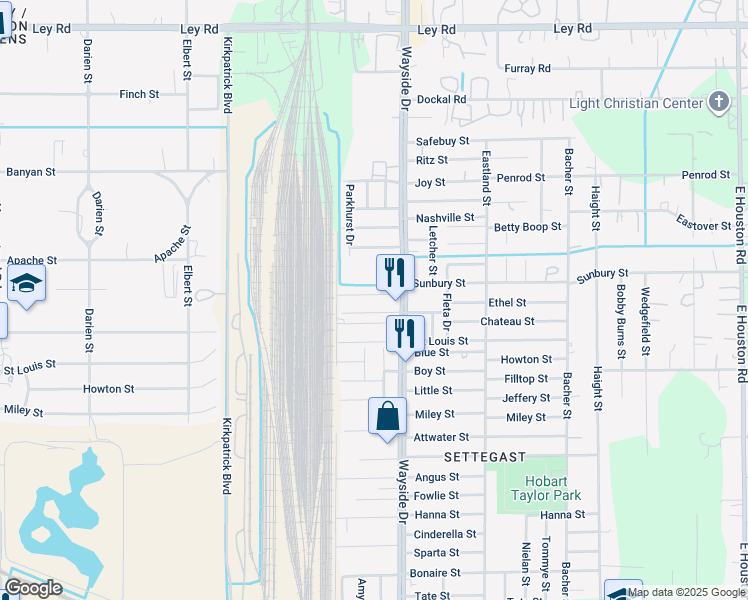 map of restaurants, bars, coffee shops, grocery stores, and more near 7801 King Street in Houston