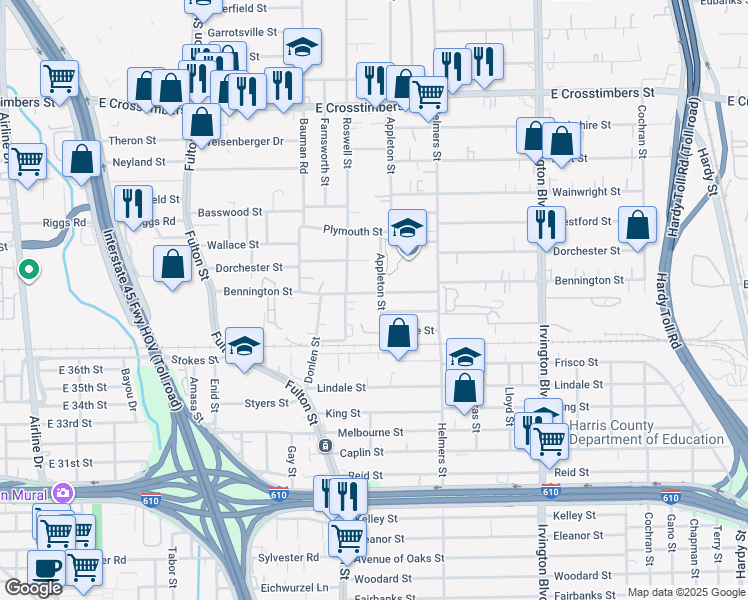 map of restaurants, bars, coffee shops, grocery stores, and more near 420 Bennington Street in Houston