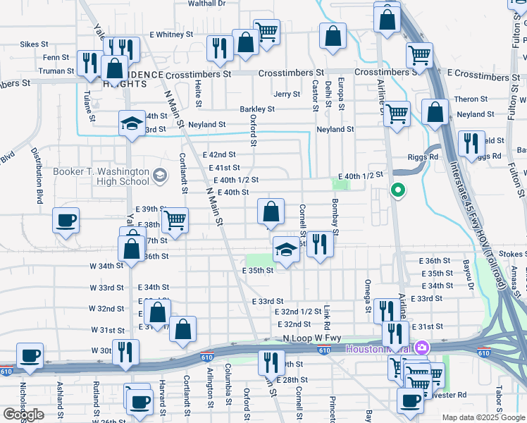 map of restaurants, bars, coffee shops, grocery stores, and more near 3822 Ajax Street in Houston