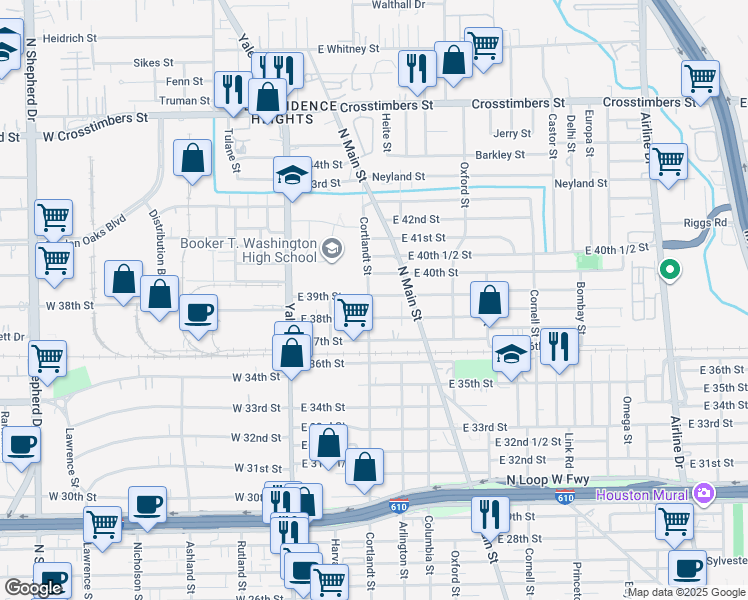 map of restaurants, bars, coffee shops, grocery stores, and more near 315 East 39th Street in Houston