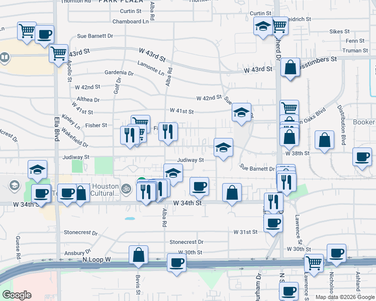 map of restaurants, bars, coffee shops, grocery stores, and more near 852 Wakefield Drive in Houston