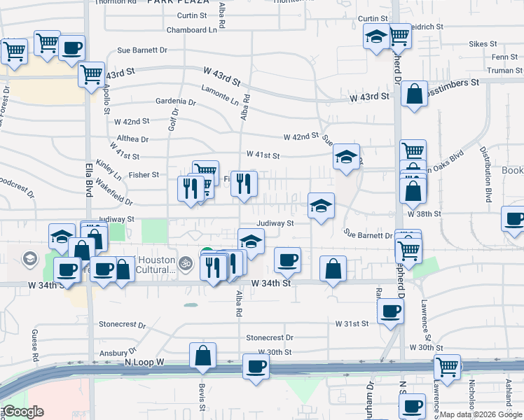 map of restaurants, bars, coffee shops, grocery stores, and more near 876a Wakefield Drive in Houston