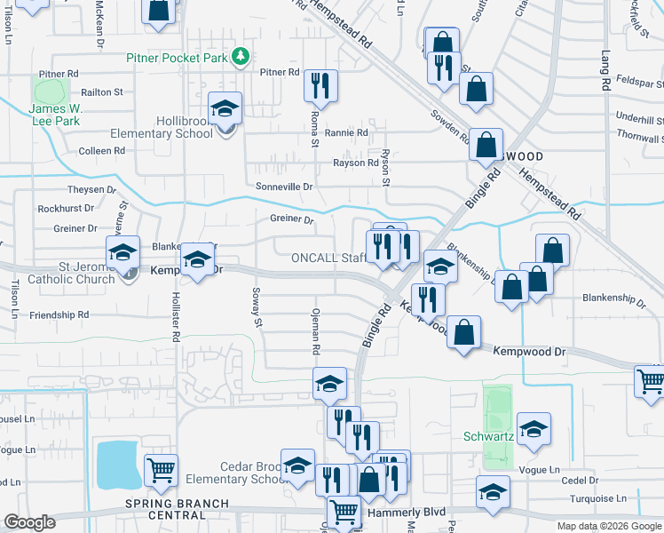 map of restaurants, bars, coffee shops, grocery stores, and more near 8603 Forest Grove Drive in Houston