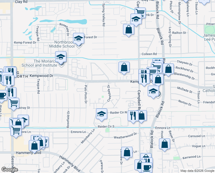 map of restaurants, bars, coffee shops, grocery stores, and more near 3125 Crestdale Drive in Houston
