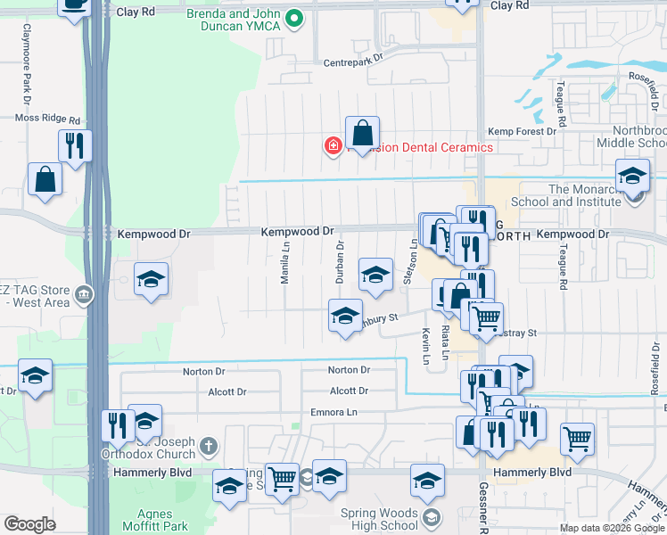 map of restaurants, bars, coffee shops, grocery stores, and more near 2739 Fontana Drive in Houston