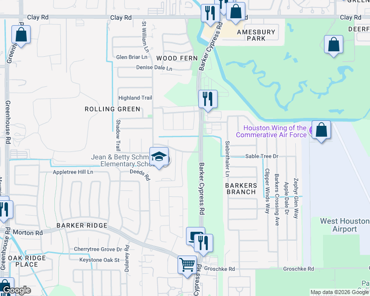 map of restaurants, bars, coffee shops, grocery stores, and more near 18510 Green Land Way in Houston