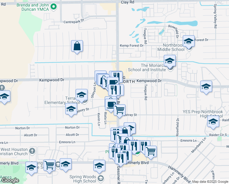 map of restaurants, bars, coffee shops, grocery stores, and more near 10251 Kempwood Drive in Houston
