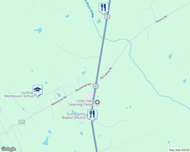 map of restaurants, bars, coffee shops, grocery stores, and more near 108 Westwood Road in Lockhart