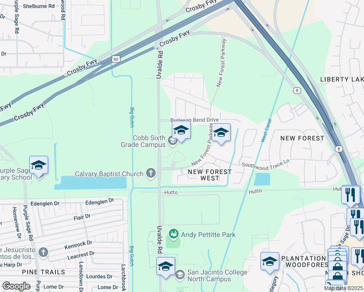 map of restaurants, bars, coffee shops, grocery stores, and more near 6722 Uvalde Road in Houston