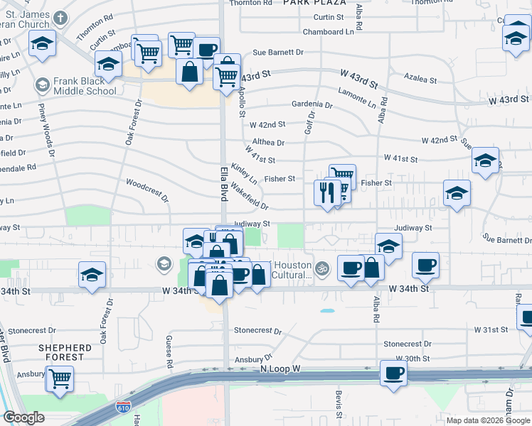 map of restaurants, bars, coffee shops, grocery stores, and more near 1045 Wakefield Drive in Houston