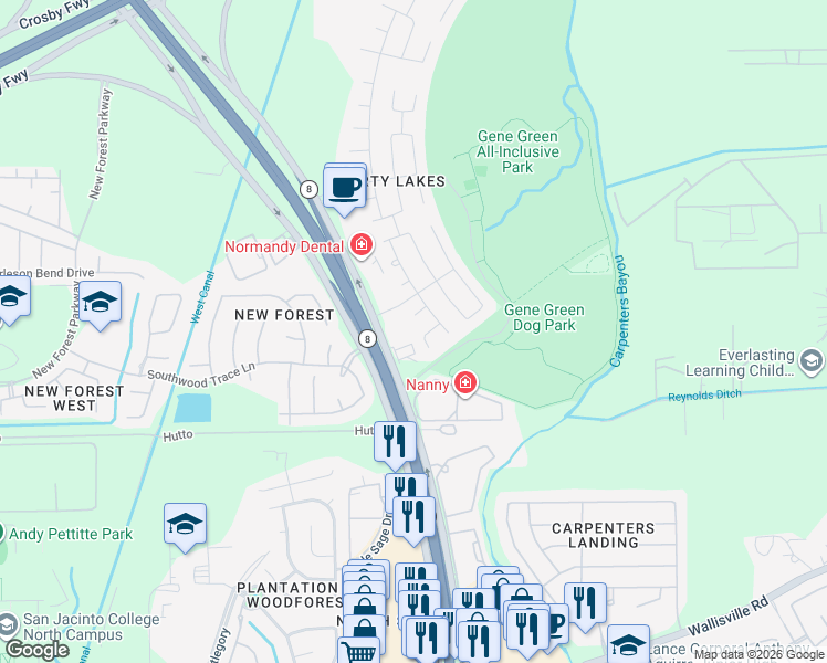 map of restaurants, bars, coffee shops, grocery stores, and more near 15547 Liberty Cypress Court in Houston