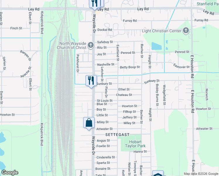 map of restaurants, bars, coffee shops, grocery stores, and more near 7984 Sunbury Street in Houston