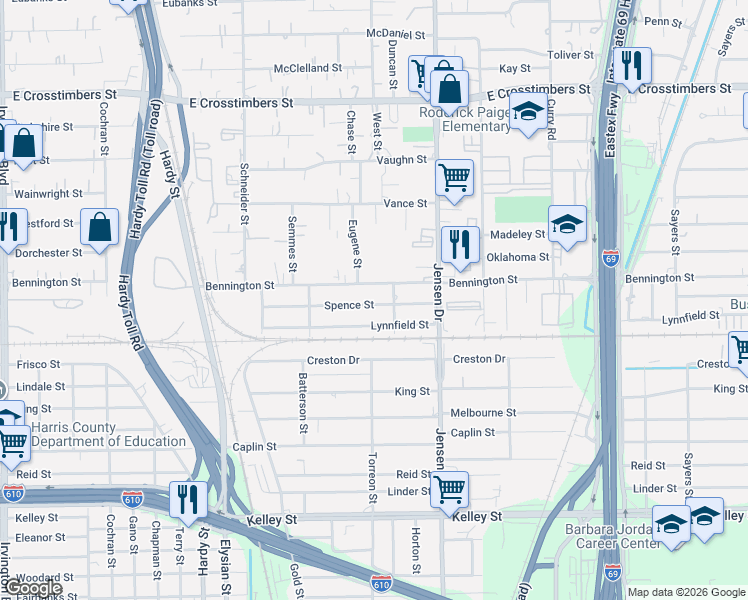 map of restaurants, bars, coffee shops, grocery stores, and more near 2501 Spence Street in Houston