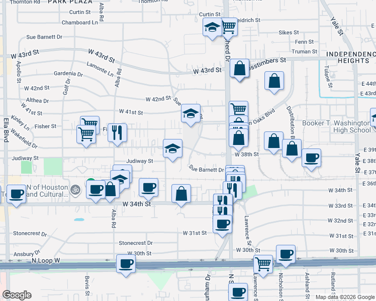 map of restaurants, bars, coffee shops, grocery stores, and more near 742 West 38th Street in Houston