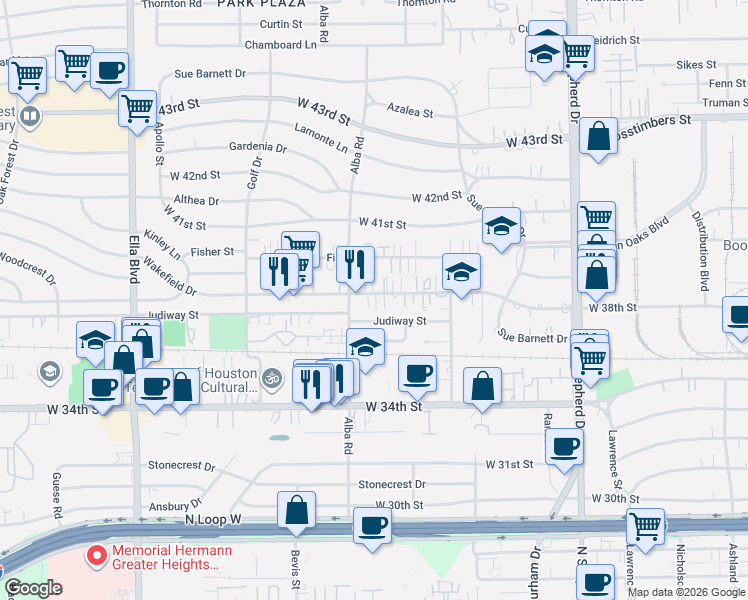 map of restaurants, bars, coffee shops, grocery stores, and more near 876a Wakefield Drive in Houston