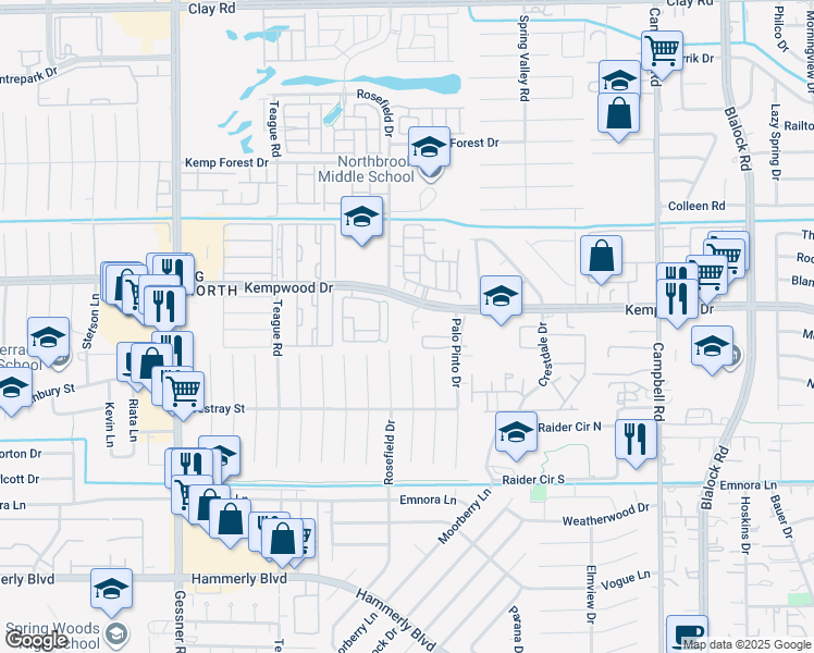 map of restaurants, bars, coffee shops, grocery stores, and more near 9889 Kempwood Drive in Houston