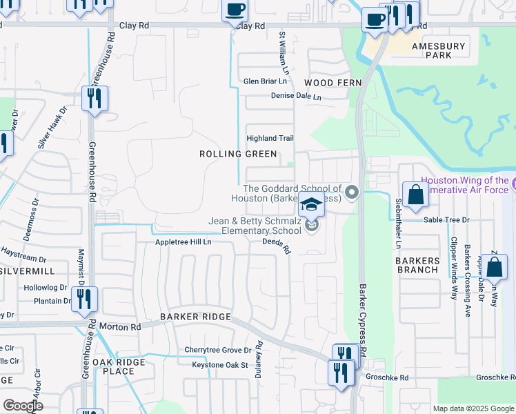 map of restaurants, bars, coffee shops, grocery stores, and more near 3514 Colmar Way in Houston