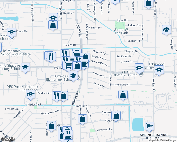 map of restaurants, bars, coffee shops, grocery stores, and more near 9274 McDade Street in Houston