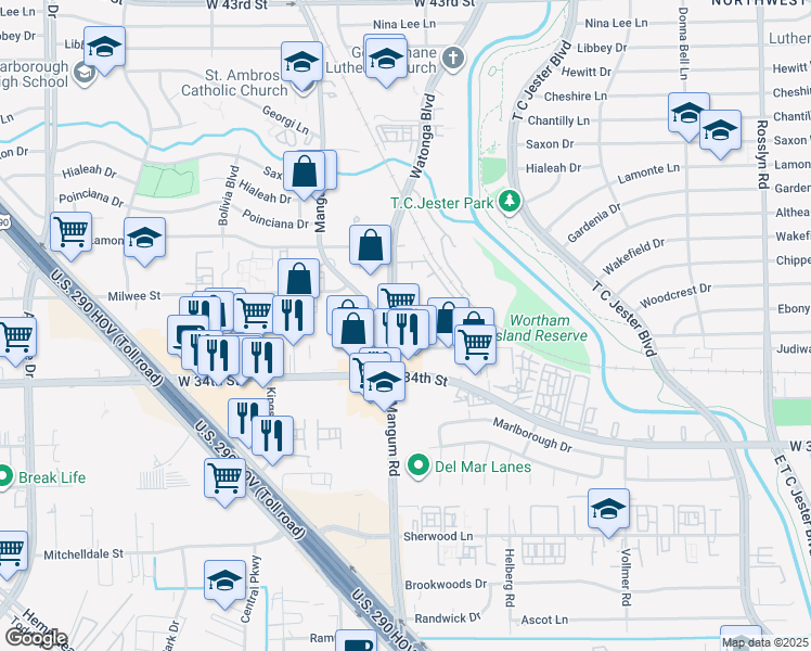 map of restaurants, bars, coffee shops, grocery stores, and more near 3610 Mangum Road in Houston