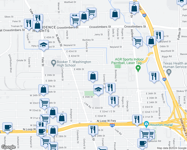 map of restaurants, bars, coffee shops, grocery stores, and more near 3822 Ajax Street in Houston
