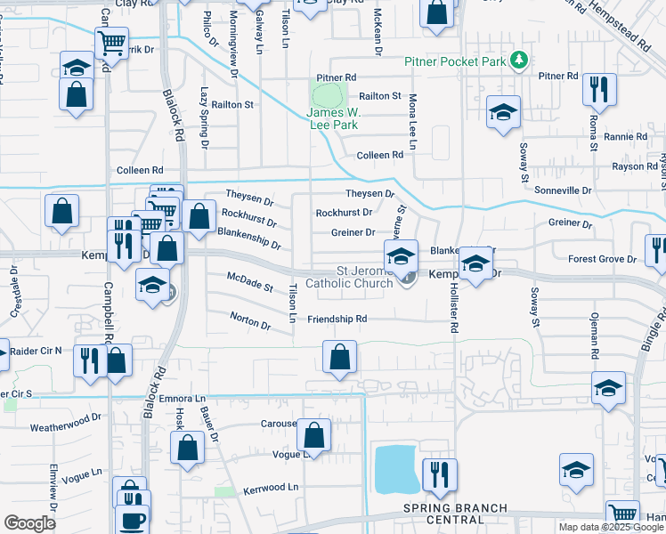 map of restaurants, bars, coffee shops, grocery stores, and more near 9022 Kempwood Drive in Houston