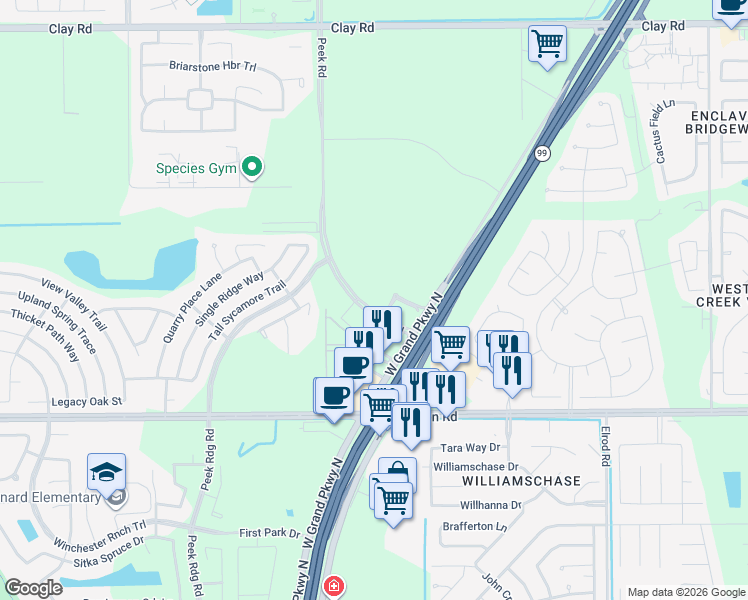 map of restaurants, bars, coffee shops, grocery stores, and more near Grand Parkway in Katy