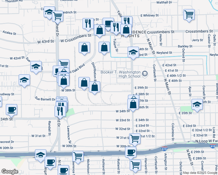 map of restaurants, bars, coffee shops, grocery stores, and more near 302 West 38th Street in Houston