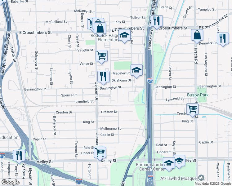 map of restaurants, bars, coffee shops, grocery stores, and more near 6805 Della Street in Houston