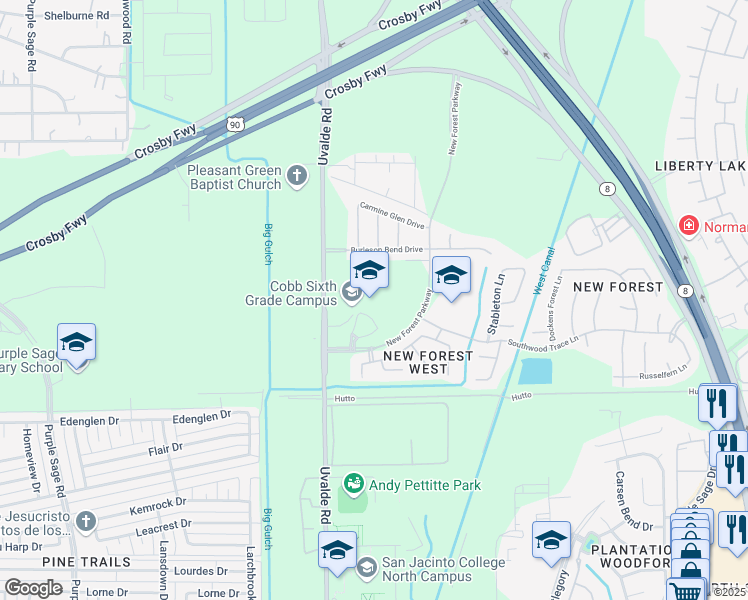 map of restaurants, bars, coffee shops, grocery stores, and more near 6722 Uvalde Road in Houston
