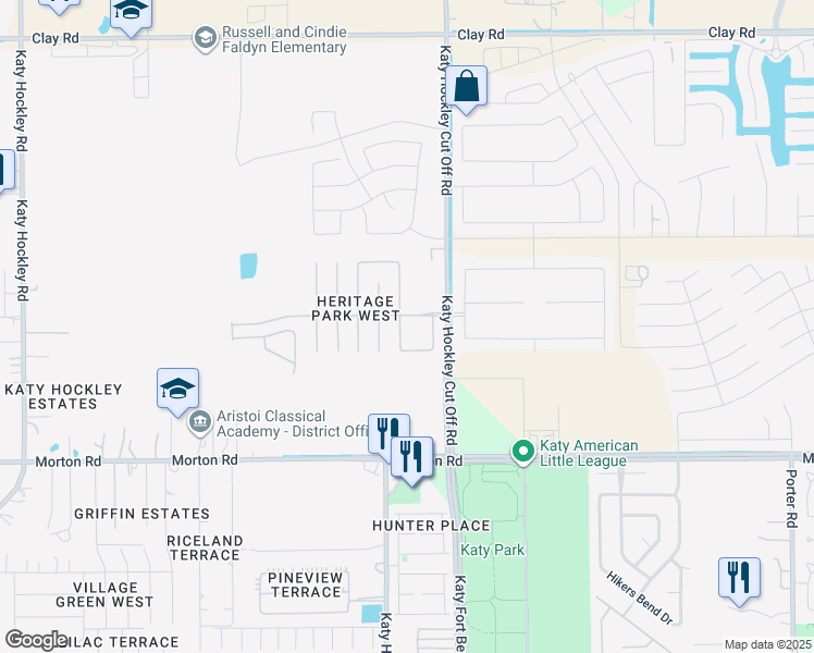 map of restaurants, bars, coffee shops, grocery stores, and more near 3308 Jessica Court in Katy