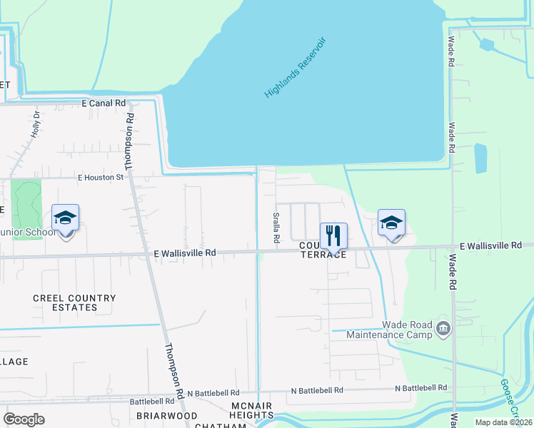 map of restaurants, bars, coffee shops, grocery stores, and more near 8603 Sralla Rd in Highlands