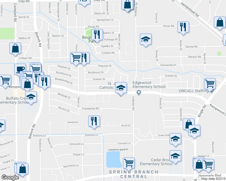 map of restaurants, bars, coffee shops, grocery stores, and more near 8876 Kempwood Drive in Houston