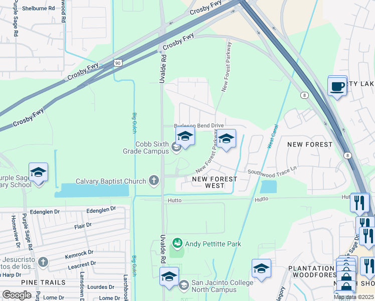 map of restaurants, bars, coffee shops, grocery stores, and more near 6722 Uvalde Rd in Houston