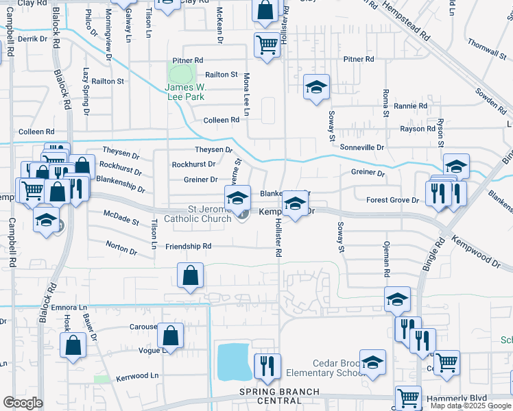 map of restaurants, bars, coffee shops, grocery stores, and more near 8834 Kempwood Drive in Houston
