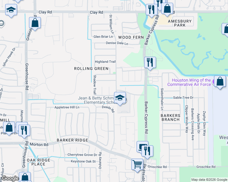 map of restaurants, bars, coffee shops, grocery stores, and more near 3519 Saint William Lane in Houston