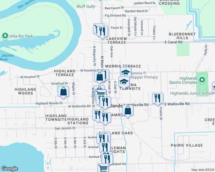 map of restaurants, bars, coffee shops, grocery stores, and more near 506 West Oak Street in Highlands