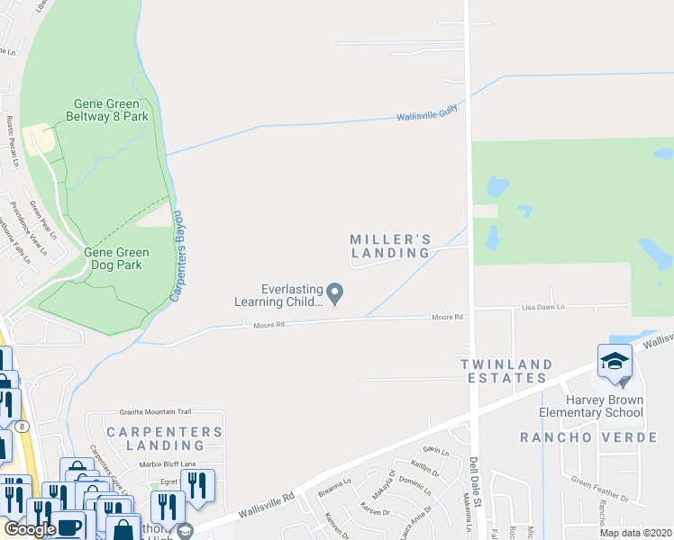 map of restaurants, bars, coffee shops, grocery stores, and more near 15934 Millers Landing Drive in Houston