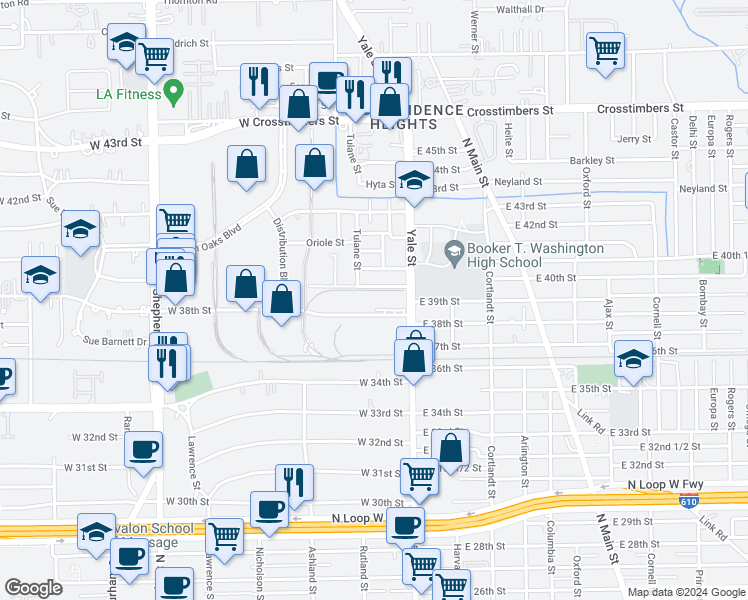 map of restaurants, bars, coffee shops, grocery stores, and more near 216 East 38th Street in Houston
