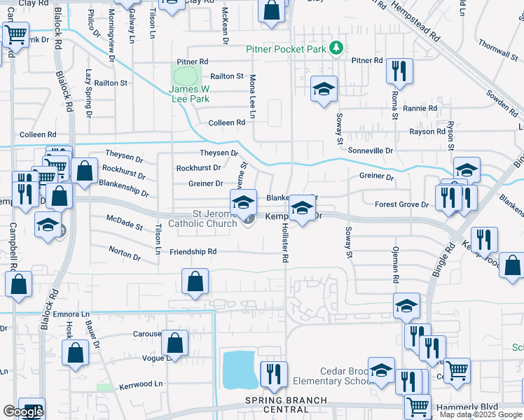 map of restaurants, bars, coffee shops, grocery stores, and more near 8834 Kempwood Drive in Houston