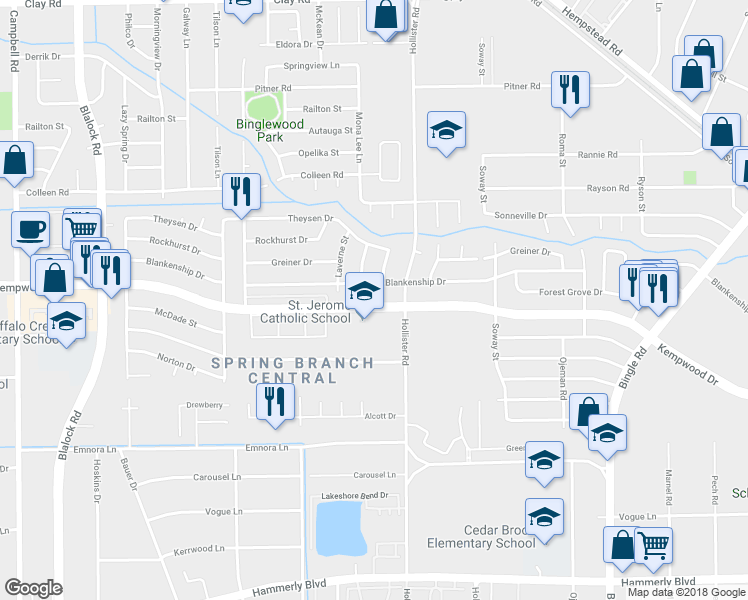 map of restaurants, bars, coffee shops, grocery stores, and more near 8834 Kempwood Drive in Houston