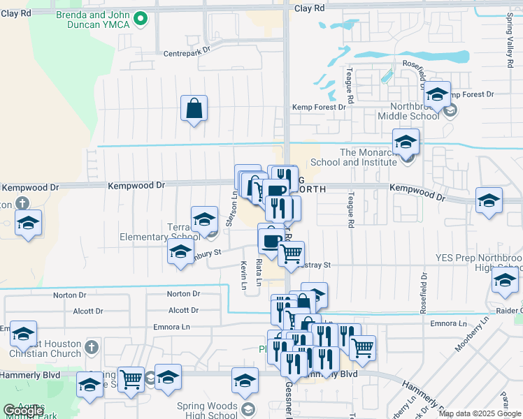 map of restaurants, bars, coffee shops, grocery stores, and more near 10251 Kempwood Drive in Houston