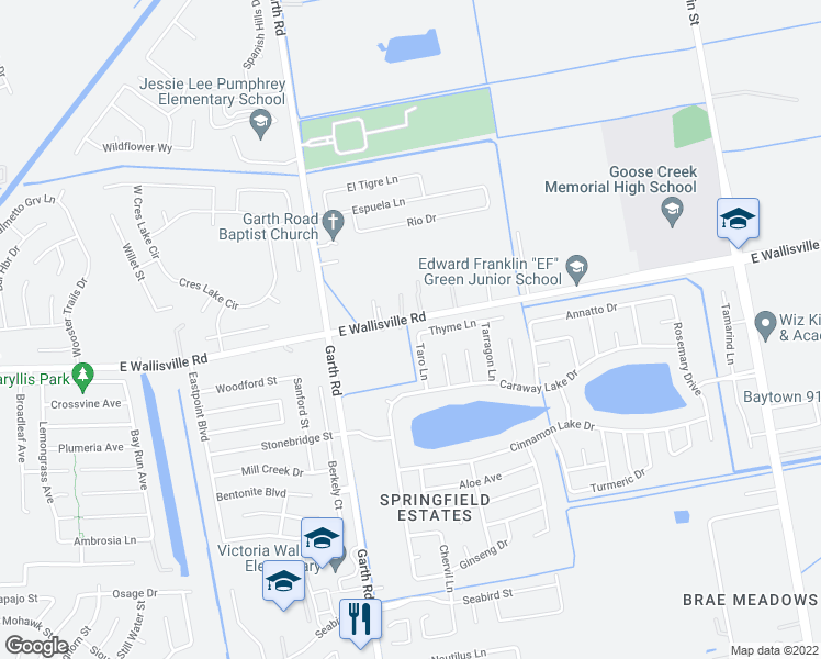 map of restaurants, bars, coffee shops, grocery stores, and more near 8423 Taro Ln in Baytown